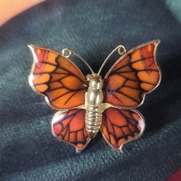 Vintage gold tone enamel orange black butterfly brooch pin / necklace pe… - Picture 12 of 17